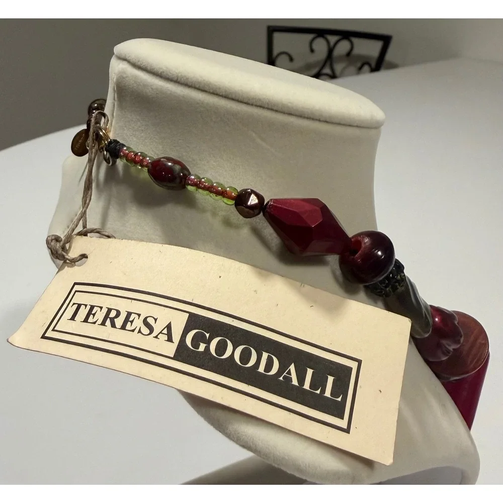 Teresa Goodall Chunky Artisan Bead Necklace Red Green Bronze Statement Jewelry